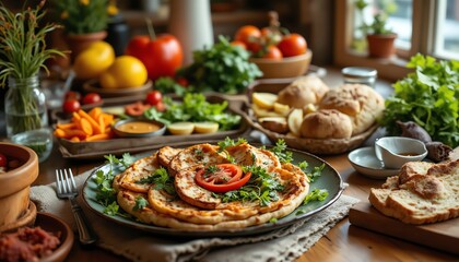 Delicious spread of fresh ingredients and dishes.