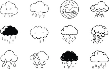 Cute Rainy Cloud Icons Weather, Rain, Nature, Symbols, Illustrations