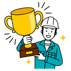 金のトロフィーを掲げる作業員の男性