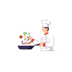 Chef skillfully tossing colorful vegetables in a frying pan, flat vector illustration