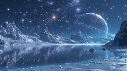 Serene alien landscape with icy mountains and a reflective lake under a starry sky