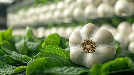 Garlic leaves in focus with ventilation-cooled storehouse and clean garlic bulbs behind