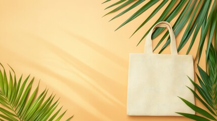 Tropical Background with Eco-Friendly Tote Bag and Green Leaves