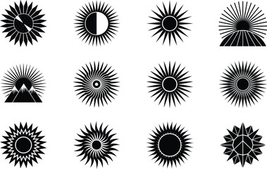 Twelve Monochromatic Sun and Sunrise Design Icons Set