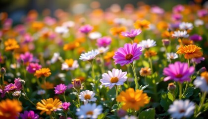 Obraz premium A field of sunlit flowers in full bloom, their vibrant colors contrasted by the soft, blurred bokeh that surrounds them.