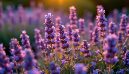 Naklejka premium The velvety petals of the lavender flowers catch the last rays of sunlight, creating a shimmering effect in the dusky evening.