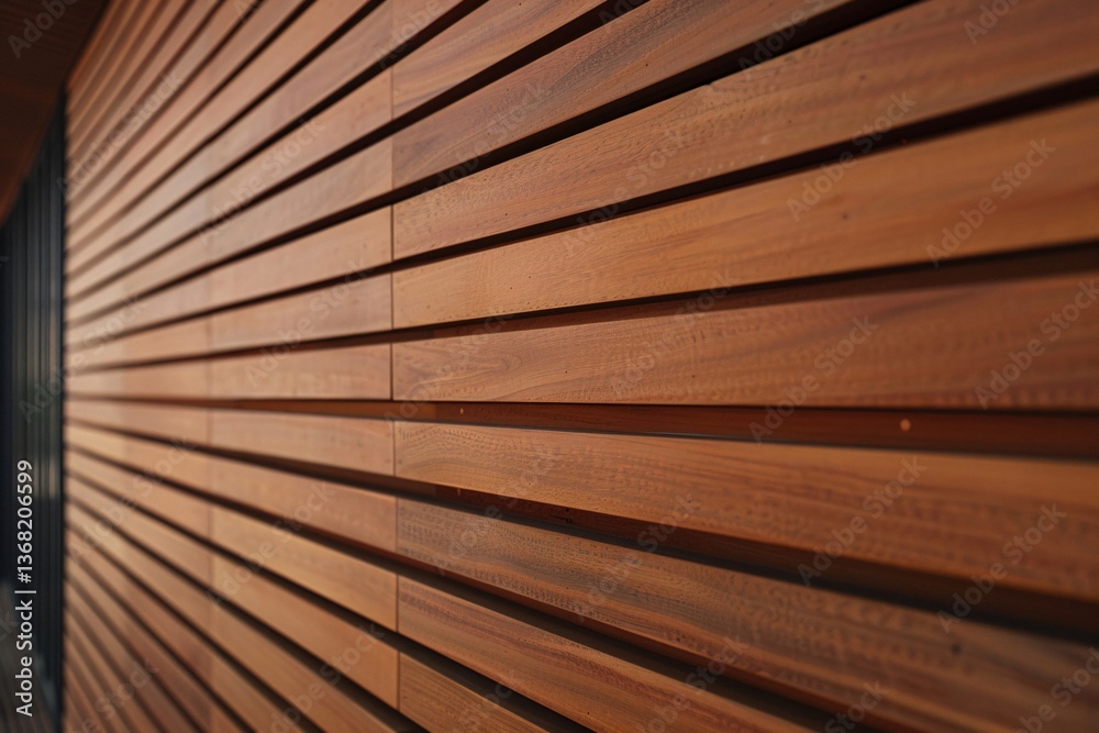 Poster Sunlight illuminating a modern wooden facade with cladding creating a linear pattern