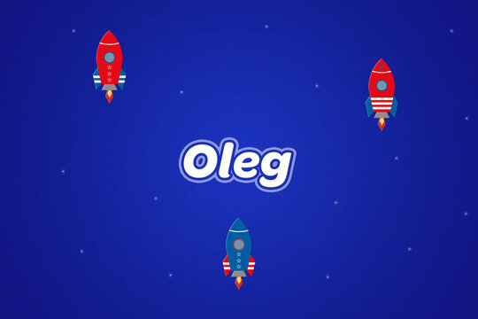 Oleg male boy name illustration in blue with rockets.