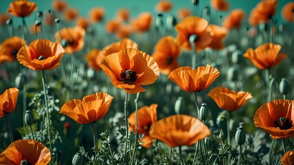 Obraz premium A field of glowing orange poppies against a cool mint green background, surreal spring aesthetic 