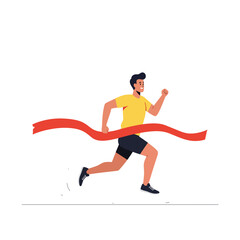 Obraz premium Runner in motion crossing finish line with vibrant red ribbon flat vector art