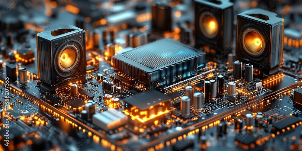 Poster futuristic computer motherboard with glowing components and advanced sound system