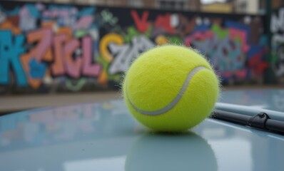 Bright yellow tennis ball on car