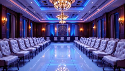 Naklejka premium Plush velvet chairs arranged in perfect symmetry around the gleaming dance floor.