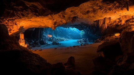 Exploring a mysterious cave enigmatic location nature scene underworld environment enchanted viewpoint adventure concept for discovery