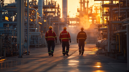 Three workers walking away at an industrial plant during sunset with pipes and machinery in the background