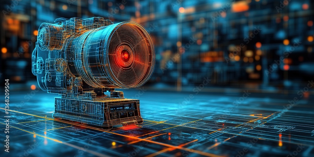 Poster blueprint style rendering of advanced camera technology on schematic digital surface