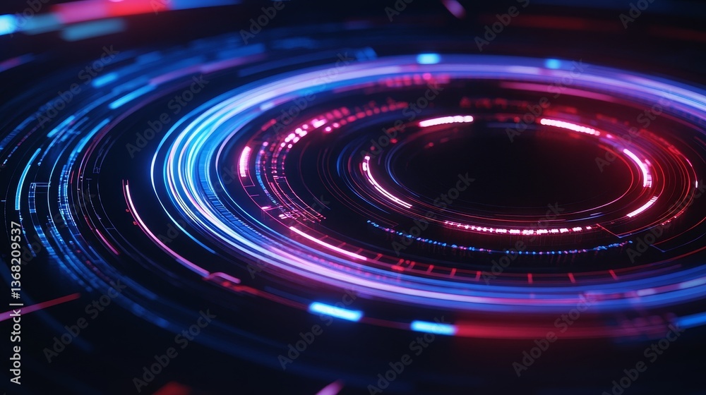 Poster abstract digital background with vibrant circular patterns and glowing lines in motion