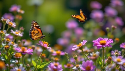 Obraz premium Butterflies flit from flower to flower, adding an extra touch of beauty to the tranquil scene.