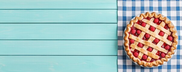 Obraz premium A beautifully baked pie with a lattice crust, filled with vibrant raspberries, sits on a blue and white checkered cloth against a light wooden background.