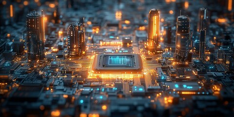 Fototapeta premium Microscopic futuristic city on circuit board with central glowing processor