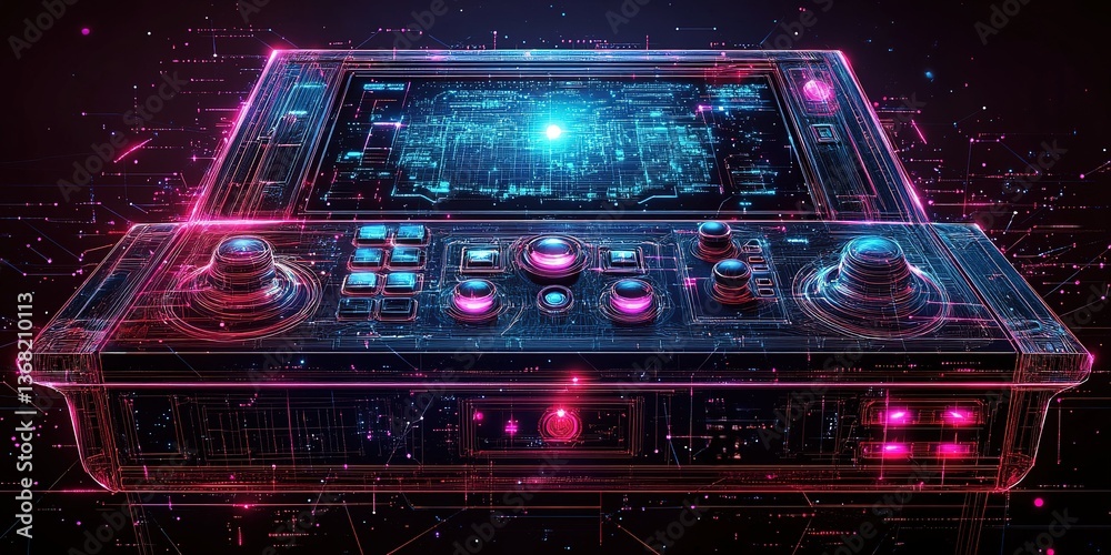 Poster futuristic arcade console with a digital interface glowing against a dark background