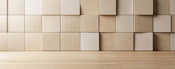 A clean, minimalist wooden wall composed of square panels in various shades of beige and light wood tones.
