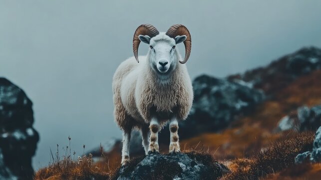 Majestic ram standing on a rocky outcrop in a misty landscape, showcasing nature's beauty and tranquility