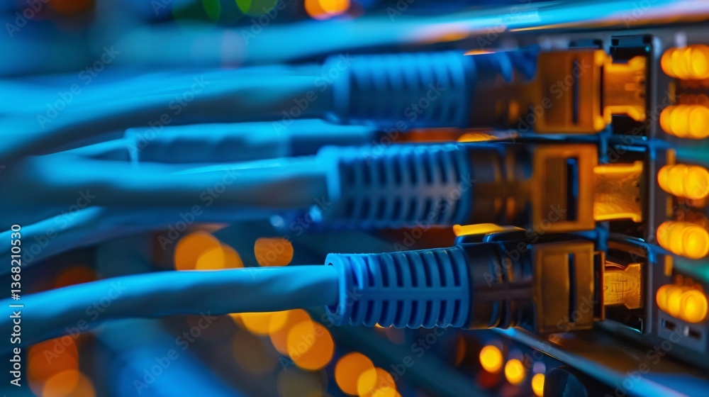 Poster Close-up view of ethernet cables connected to a server providing internet access in a data center