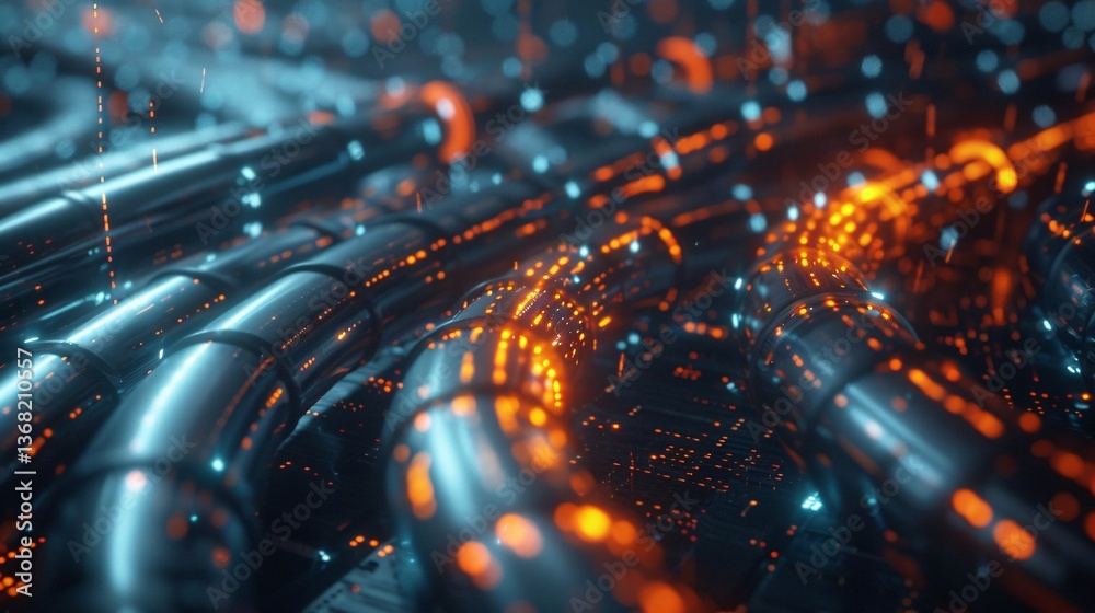 Poster network of pipes is transferring data visualized by glowing particles