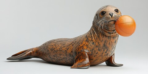 Seal holds orange ball while resting on a smooth surface indoors during daylight hours