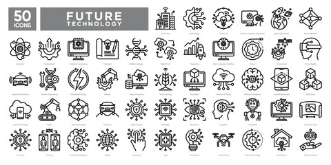 A set of 50 icons themed around future technology, including AI, robotics, quantum computing, smart cities, and biotechnology. Perfect for tech presentations, infographics, and innovation projects.