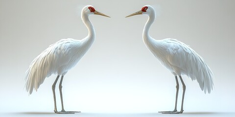Obraz premium Two whooping cranes stand facing each other against a neutral background in a studio