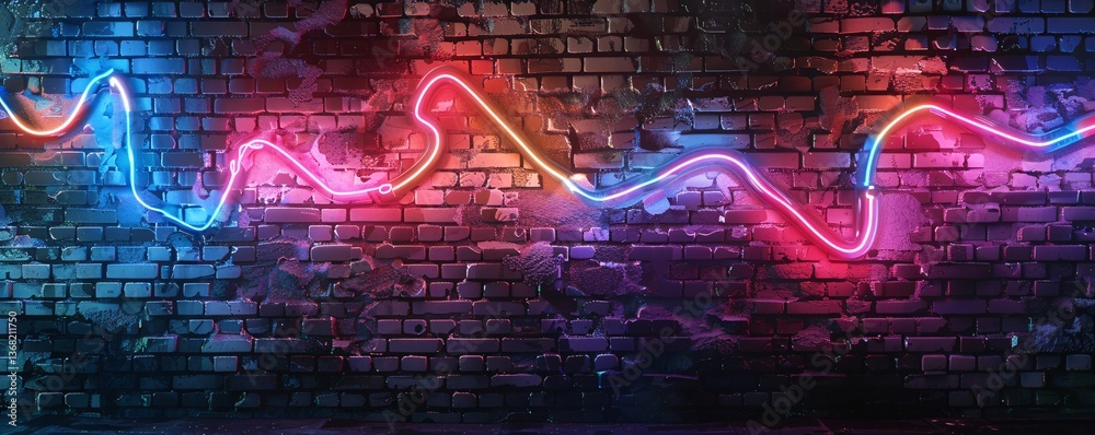 Poster abstract background with glowing neon tubes forming sinuous lines on a brick wall