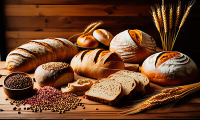 Assorted Artisan Breads and Grains on Wooden Surface Rustic Food Photography