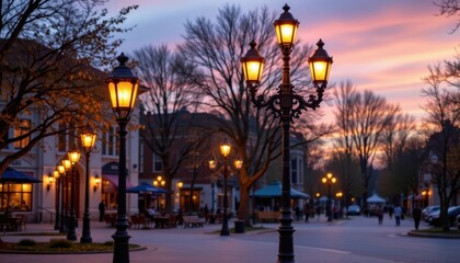 Obraz premium Old fashioned street lamps line the square, casting a warm glow in the evenings.