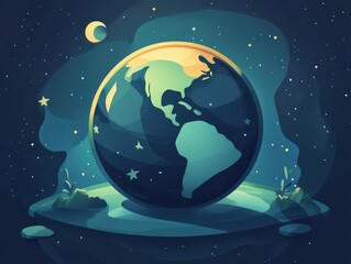 Illustration of Earth with a crescent moon and stars in the night sky
