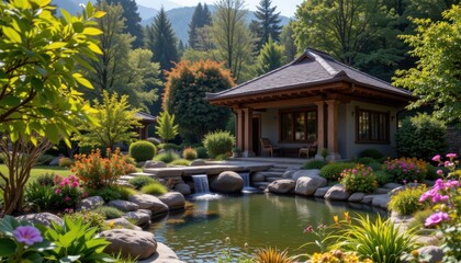 Obraz premium The soothing sound of cascading water echoes throughout the sprawling garden.