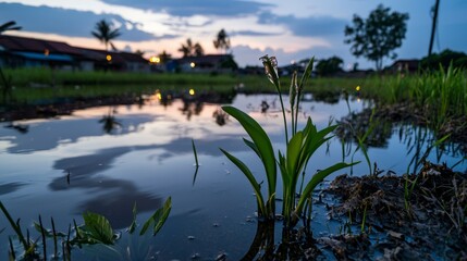 Obraz premium Evening reflections on rice fields rural area nature photography calm environment low angle view serenity of agriculture
