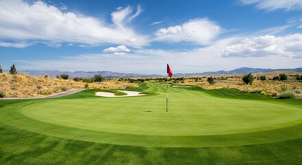 Obraz premium Scenic golf course with sand traps, green grass, and red flag under blue sky
