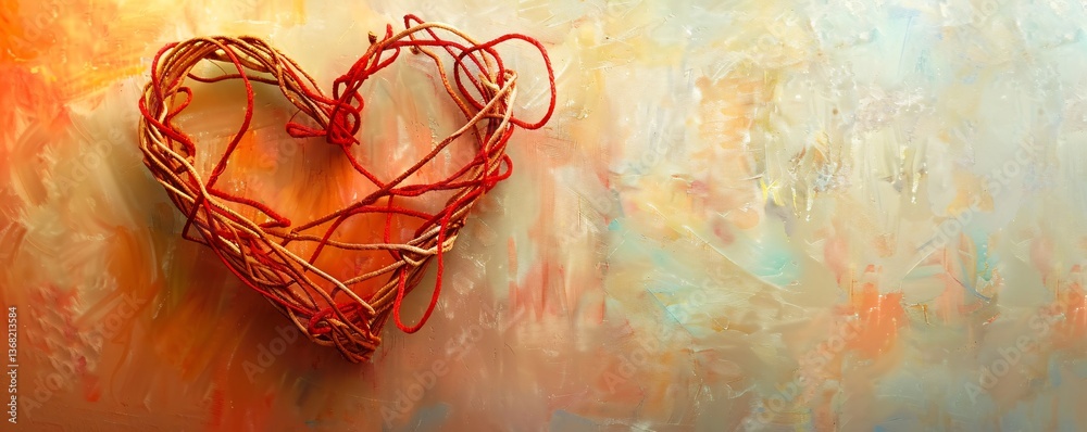 Poster red wicker heart is lying on a colorful artistic background, a perfect image for romantic projects