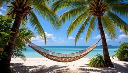 With the palm trees swaying above, the hammock becomes a cozy retreat nestled in nature's embrace.
