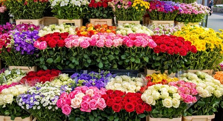 A Flower Stall Bursting With Sunflowers, Roses, and Wildflowers-
