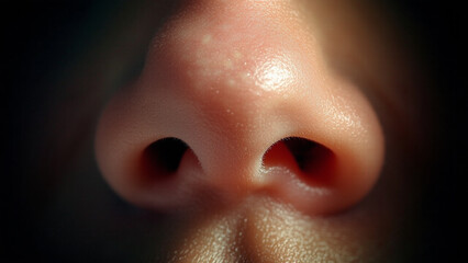 Fototapeta premium Close-up view of a human nose showcasing details and texture in natural light with dark background
