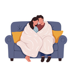 Cozy couple snuggling under a blanket on a couch in flat vector art