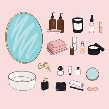 Bathroom Mirror Vanity Beauty and Makeup Icon Set Collection