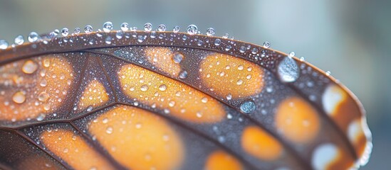 Macro shot of a butterfly's wing with tiny water droplets enhancing natural patterns