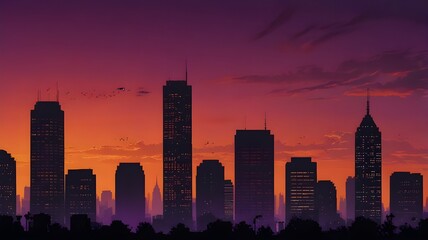 Silhouetted city skyline against a purple and orange twilight sky 