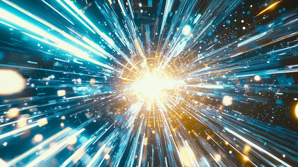 Fototapeta premium Bright blue and yellow light forming an abstract expression of speed and technology with electric energy and vivid coloration.