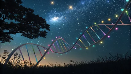 A blue abstract helix bridge, a green gene Christmas tree, and a high metal roller coaster illuminate the night sky