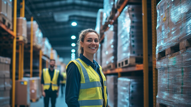 A smiling woman in a yellow vest stands in a warehouse aisle with shelves full of wrapped pallets